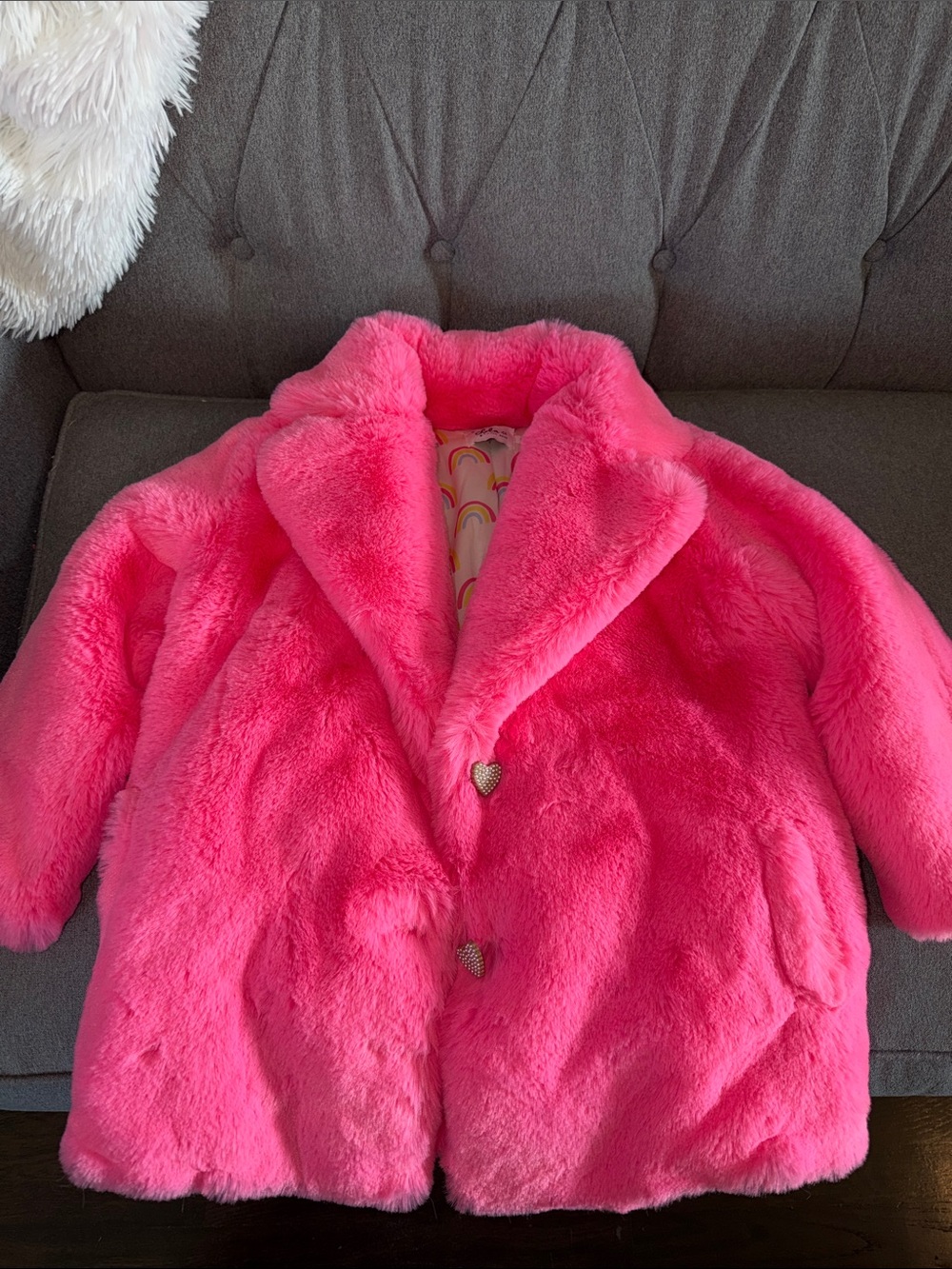 Lola + The Boys Bright Pink Faux-Fur Kids Coat with Rainbow Lining